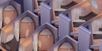 New Business-Class “Suites” Have Sliding Doors for Privacy.